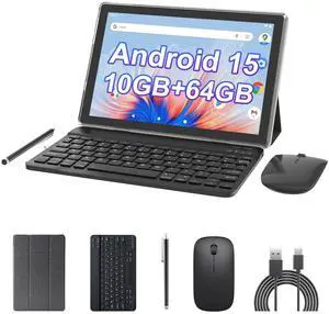 Android 15 Tablet 10 inch, 2 in1 Tablets with Keyboard Case Mouse Stylus, 10GB RAM 64GB ROM 1TB Expand, Quad-Core Processor Tablet PC, 5G WiFi6, BT5.0, 6000mAh, 1280*800 IPS Screen, Widevine L1, Black