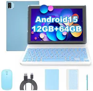 Android 15 Tablet 10 inch, 2 in1 Tablets with Keyboard Case Mouse Stylus, 12GB RAM 64GB ROM 1TB Expand, Quad-Core Processor Tablet PC, 5G WiFi6, BT5.0, 6000mAh, 1280*800 IPS Screen, Widevine L1, Blue