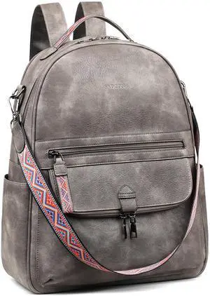FADEON Leather Laptop Backpack Purse for Women, Designer Travel PU Backpack with Laptop Compartment for Work Grey