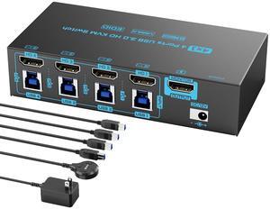 8K HDMI 2.1 KVM Switch 4 Computers 4 Port USB 3.0 8K@60Hz/4K@144Hz 4 In 1 Out Keyboard Mouse KVM Switches EDID Emulator for 4 PCs Share 1 Monitor and 4 USB Devices, with 4 USB 3.0 Cable & Wired Remote