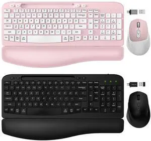 2 Pack Wireless Keyboard and Mouse Combo, EAYBLLY Wave Keys Wireless Ergonomic Keyboard with Cushioned Wrist Rest, Phone Holder, 2.4GHz Silent Cordless Keyboard Mouse Set