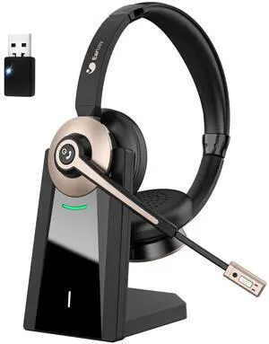Wireless Headset, Bluetooth Headset with Microphone Noise Canceling & USB Dongle, Wireless Headphones with Mic Mute & Charging Dock for PC Computer Cell Phone Remote Work Office Zoom Meetings Call