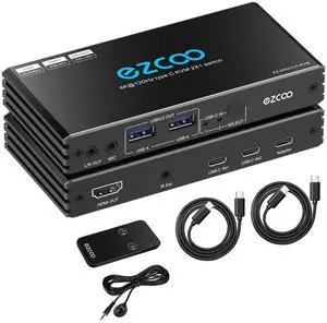 4K@120Hz USB-C HDMI2.1 KVM Switch for 2 Laptops with 2 USB 2.0 Ports L/R MIC Out Share 1 Monitors Keyboard Mouse Hard Drive Printer