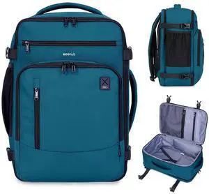 ECOHUB 17" Small Travel Backpack, United Airlines Personal Item Bag 17x10x9 with 16 Pockets, Water Resistant Rucksacks Fit 15.6" Laptop, AirTag Pocket, Lightweight Casual Daypack, 25L, Blue Green