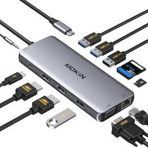 USB C Docking Station Dual Monitor, Dual HDMI Adapter 12 in 1 Triple Display USB C Hub with VGA, Gigabit Ethernet, 100W PD, 4 USB Ports, SD/TF
