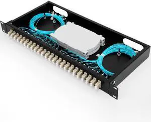 24 Duplex 48 Port LC-OM3 Multimode Fiber Enclosure Rack Mount Fiber Box LC-UPC Kit 1 RU Fits 19" Racks Cabinet (Include 2Pcs Splice Trays 48 Strand Pigtail 1M Cables Spool+48 Core LGX Loaded Patch