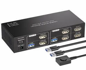 [(Dual Monitor)]  KVM Switch 2 Monitors 2 Computers HDMI 4K 60Hz USB 3.0 KVM Switch USB 4 Ports KVM Selector Switcher 2 PC or 2 Laptops Share 1 Set of Keyboard Mouse Printer and Scanner