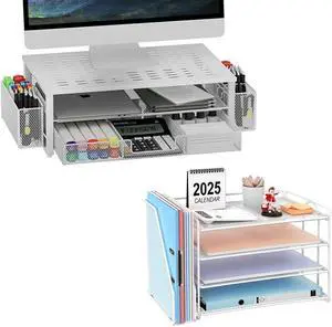 gianotter Monitor Stand with Storage + 4-Tier Paper Organizer (White)