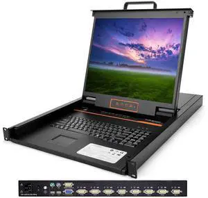 8 Port Rack Mount KVM Console w/19" Rackmount Monitor, 1U VGA KVM Switch Drawer+Keyboard+Touchpad+8 VGA Cable,OSD/Hotkey/Button Switch, 1280X1024@60Hz, 23.8" Deep,Compatible with Windows,Linux,Mac,Sun