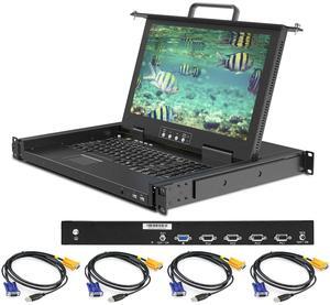4 Port Rack Mount KVM Console VGA w/15.6'' FHD Monitor, 1080P LCD KVM Console,Short Depth 14.17", 1U KVM Switch Drawer+Keyboard+Touchpad+Cables, OSD Menu Switch,Front USB Ports,Dual Power Supply