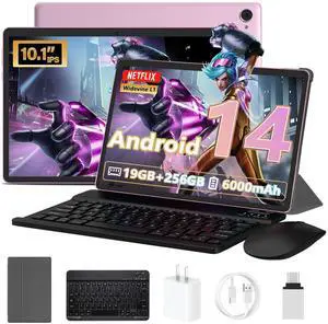 Android 14 Tablet 10.1 inch 19GB RAM + 256GB ROM 1TB Expand, 2 in 1 Tablet with Keyboard, 1280x800 IPS HD Touchscreen, Dual Camera, 6000mAh, Powerful Performance Tablets 2025, GMS, WiFi (Pink)