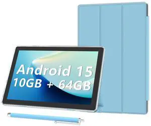 Android 15 Tablet 10 inch Tablets with Case, 10GB RAM + 64GB ROM (Expand to 1TB), Quad Core Processor Tablets, 5G WiFi 6, BT5.0, 1280x800 HD Screen, 6000mAh, Dual Camera, GMS, Widevine L1, Blue