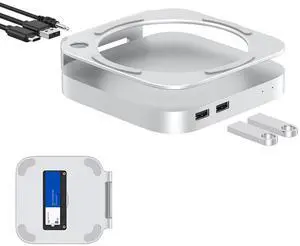 GEWOKLIY 40Gbps Aluminum Mac mini Dock and Stand, USB 4 Hub for Mac mini M4 and M4 Pro 2024 with 40Gbps M.2 NVMe SSD Enclosure, Thunderbolt Host, Triple USB A 2.0, 3.5mm Audio Jack Accesories