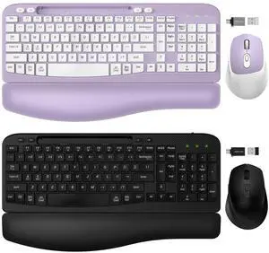 2 Pack Wireless Keyboard and Mouse Combo, EAYBLLY Wave Keys Wireless Ergonomic Keyboard with Cushioned Wrist Rest, Phone Holder, 2.4GHz Silent Cordless Keyboard Mouse Set