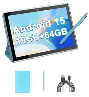 HOTTABLET 10" Android 15 Tablet with Case/Stylus, 10(4+6Expand) GB RAM+64GB ROM, 2+8MP Dual Camera, 6000mAh Battery (Tablet+case+Stylus), Blue
