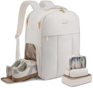LOVEVOOK Travel Backpack for Women with Shoe Compartment, Puffer Carry on Backpack Flight Approved 50L Personal Item Travel Bag Fits 18inch Laptop, Waterproof Lightweight Bags with 3 Packing Cubes
