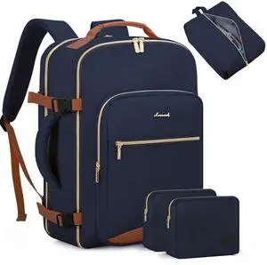 LOVEVOOK Travel Backpack for Women Men as Personal Item Flight Approved, 50L Luggage Carry On Backpack,18.4 inch Large Laptop Backpack Waterproof Outdoor Sports with 3 Packing Cubes,Dark blue-Brown