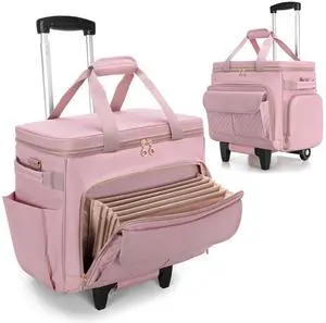 LUXJA Rolling Teacher Bag with Laptop Compartment and Detachable Dolly, Multifunctional Rolling Briefcase with Accordion File Area (Patent Pending), Pink