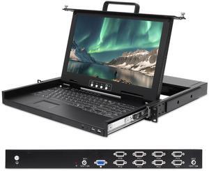 1U Rackmount VGA KVM Console, 15.6" 1080P Rack Mount Monitor+ 8 Port VGA KVM Switch+ Keyboard+ Touchpad, Short Depth 14.17", Dual Power Redundancy, OSD/Hotkey/Button Switching, Fits 1U 19" Server Rack
