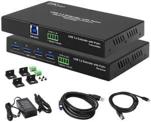 USB 3.2 Extender via Cat6a/Cat7 330FT 100m, Only One Power Supply Required, 4 Port USB 3.2, RS232 FSYNC USB 3.0 Extender, Keyboard Mouse USB Over Ethernet, Plug and Play, A Pair, New Version
