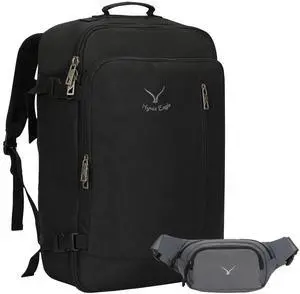 Hynes Eagle Carry on Backpack 38L Large Travel Backpack for Women Flight Approved Weekender Bag Laptop Backpack Men 15 inches Black with Waist Pack Grey
