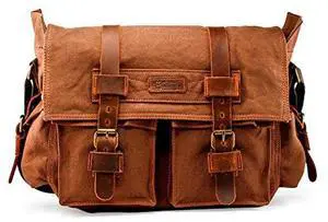Gearonic TM Vintage Canvas Leather Messenger Bag for 17 Inch Laptop, Coffee