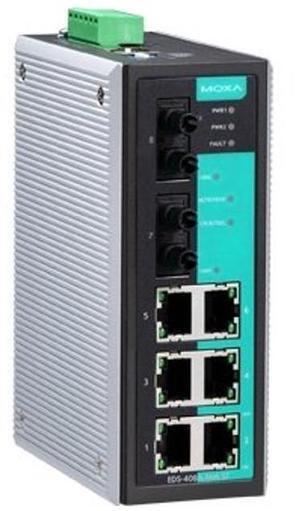 MOXA EDS-408A-MM-ST - 8 Ports Entry Level Managed Ethernet Switch with 6 10/100 BaseTx Ports, and 2 100BaseFX Multi-Mode Ports with ST Connector, Port Base VLAN and QoS, 0~60degC