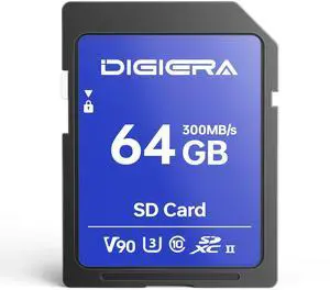 DIGIERA 64GB LSU200 SDXC UHS-II Memory Card - up to 300MB/s, C10, U3, V90, 8K, SD Card for Computers, Digital Cameras, Home Theatre Devices, Car Navigation Systems (1 Pack)