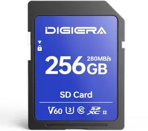 DIGIERA 256GB LSU100 SDXC UHS-II Memory Card - up to 280MB/s, C10, U3, V60, 6K, SD Card for Computers, Digital Cameras, Home Theatre Devices, Car Navigation Systems (1 Pack)