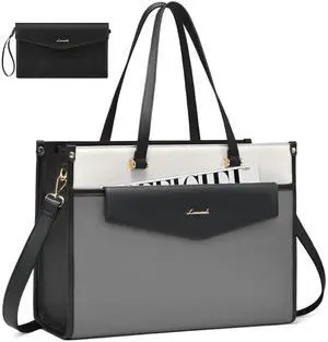 LOVEVOOK Laptop Bag for Women, 15.6'' Laptop Tote Purse 2-in-1 Professional Work Bag Business Briefcase with Clutch Purse, Waterproof Leather Computer Handbag for Teacher Office Travel