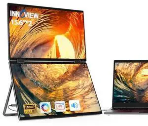 InnoView Laptop Screen Extender 15.6" Dual Monitors Stacked Folding Triple Monitor (Wins/Mac) 1080P Triple Portable Monitor for Laptop 90deg/180deg Automatic Rotation Black