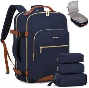 LOVEVOOK Carry on Backpck for Men, 50L Travel Backpack Flight Approved with 3 Packing Cubes, Personal Item Backpack with 18 Inch Laptop Compartment for Hiking Sport Daypack, Dark blue-Brown