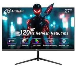 ArcticPro 27inch Computer Monitor, 120Hz, FHD 1080p Office and Gaming Monitor, 4ms Response Time, 3-Sided Frameless, Ultra Slim, VESA Mountable, Anti-Blue Light Design, HDMI, VGA