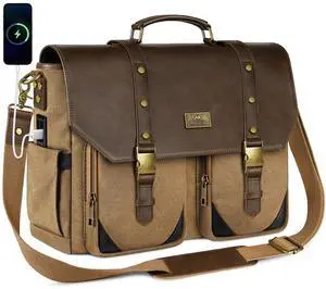 MATEIN Vintage Messenger Bag with USB Port & RFID Pocket, 15.6 inch Laptop Bag Large Canvas PU Leather Men Briefcase, Water Resistant Computer Shoulder Satchel Crossbody for Work Commuting College