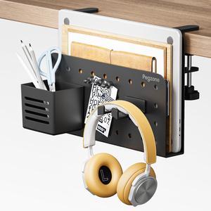 PEGZONE Desk Side Storage Organizer No Drill Under Desk Laptop Holder Bundle with Clamp on Desk Pegboard Storage for Controller Headset