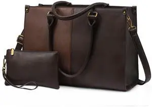LOVEVOOK Laptop Tote Bag for Women, 15.6 Inch Large Capacity Vintage Leather Work Computer Bag, Business Casual Shoulder Handbag, Brown & Coffee