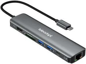Teleadapt USB C Hub Ethernet, 7 in 1 USB Hub Multiport Adapter for Laptop, HDMI 4K, 1Gbps Ethernet, 100W Power Delivery, USB 3.0, SD/TF Card Reader, Hub USB Adapter for MacBook, iPad Pro, XPS