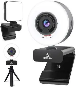 NexiGo 1080P Webcam Kits, N960E Pro 60FPS Webcam with Mic/Headset Jack and Extra USB Port, 1080P Web Camera with Light, Extendable Tripod Stand, Video Conference Lighting, for Zoom/Skype/Teams