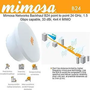 Mimosa Backhaul B24 Point-to-Point 24 GHz, 1.5 Gbps Capable, 33 dBi, 4x4:4 MIMO, PoE Power Supply, Gigabit ethernet (RJ45) and gigabit Fiber (SFP cage), Operation Modes: Hot Standby