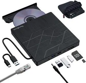 Super External CD DVD Drive, USB 3.0 DVD Burner with Ethernet Adapter, 3 USB and 2 TF/SD Card Ports, CD DVD Player Reader Writer Optical Disk Drive for Laptop PC Mac Windows Linux with Carrying Case