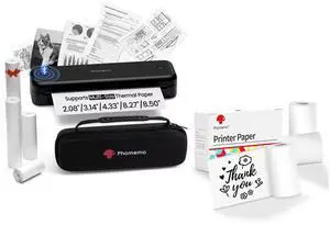 Phomemo M834 Bluetooth Thermal Printer with Carry Case & 3 Rolls White Adhesive Thermal Sticker Paper, 50mm x 3.5m