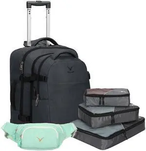 Hynes Eagle 2 in 1 Travel Backpack 22 inches Carry on Luggage 63L Rolling Backpack for Men Women with Packing Cubes 3PCS Set Grey Waist Pack Mint Green