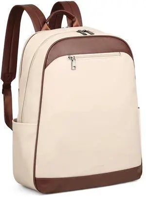 MASINTOR 15.6 inch Leather Laptop Backpack Purse for Women, Designer Travel and Work Bag with Laptop Compartment Beige Brown