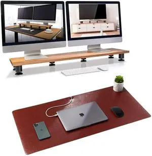 Dual Monitor Riser and Brown Leather Desk Mat Bundle - Premium Handmade Hardwood Acacia - Large Leather Desk Pad Protector Blotter