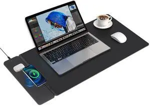Wireless Charging Mouse Pad,Dual Fast Charger, Reversible Felt & PU Leather Desk Mat, for Office & Gaming, Large Surface, iPhone & Android Compatible - Black