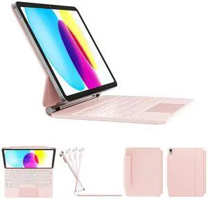 RAYMCRAFT for iPad 11th(A16, 2025)/10th Generation Case with Keyboard, Magic Keyboard 2022, Springy Backlit Keys, Stain-Resistant Surface, Multi-Touch Trackpad,Pink