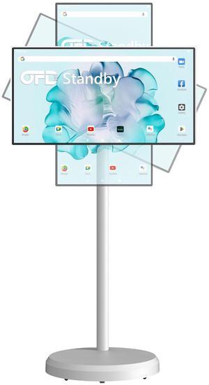 OFD 22-Inch Portable TV on Wheels 1080P,4GB RAM+64GB ROM,Rotating TouchScreen Monitor 100%sRGB,Portable Tablet with Base,Android 13 OS,6000mAh Battery(4-6H),Standbyme Rolling TV(Without Webcam),White