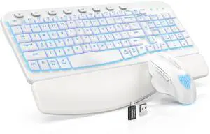 SABLUTE Ergonomic Wireless Keyboard and Mouse Combo - Wave Keyboard with Soft Leather Wrist Rest, Resistant Keys, RGB Backlit Rechargeable Set for PC/Mac/Chromebook (White)