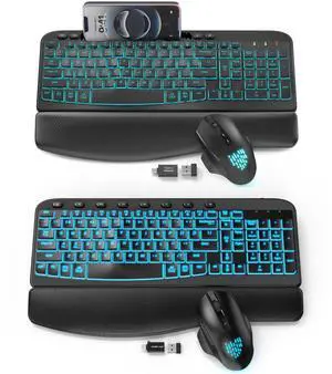 SABLUTE 2 Pack Ergonomic Wireless Keyboard and Mouse Combo - Wave Keyboard with Soft Leather Wrist Rest, Resistant Keys, RGB Backlit Rechargeable Set