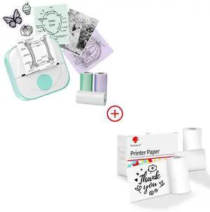 Phomemo Q02 Mini Printer & 6 Rolls Thermal Sticker Paper Label, Sticker Maker Machine for Studying, Notes, Pictures,Crafts,Journaling, Gifts, Smartphone & Tablet Compatible, Green